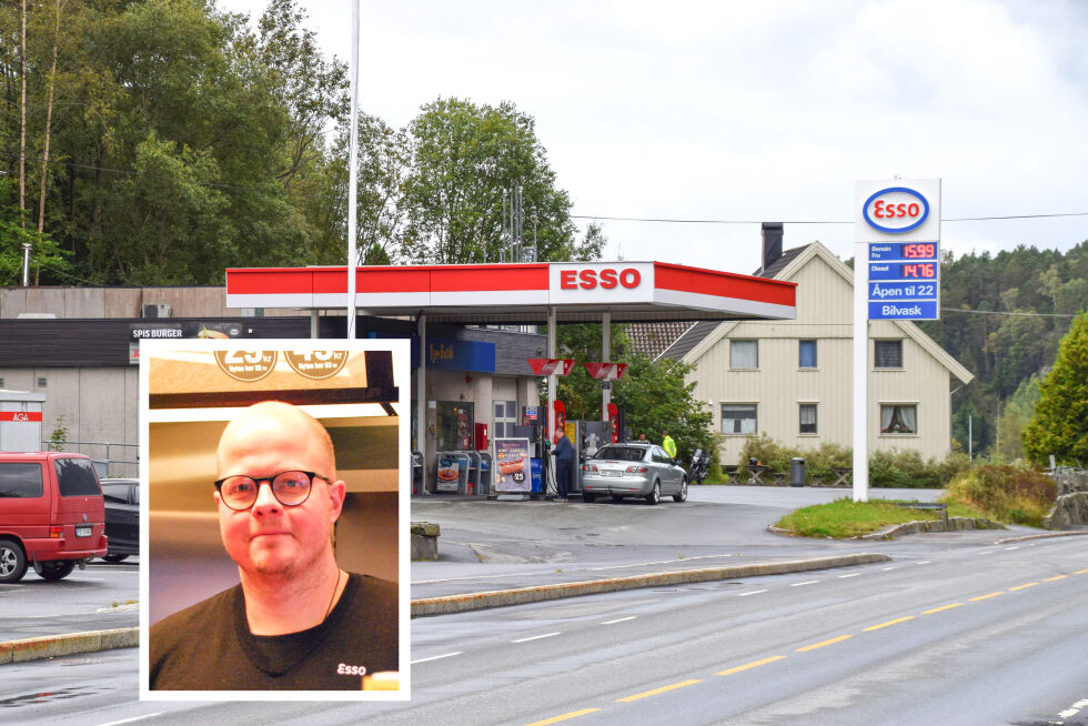 ØKNING:  Daglig leder og eier av Esso–stasjonen i Osedalen, Stephan Abelquist (innfelt) forteller at de har hatt økt salg av «98–bensinen» uten etanolinnhold, etter at blyfri 95 bensinen fikk opp til 10% etanolinnhold 1. april 2023.					FOTO: RAYMOND ANDRE MARTINSEN / INNFELT FOTO: ANNA JOHANNE SVEINUNGSEN