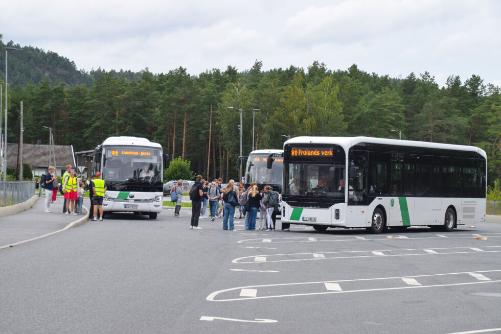 MJØLHUSMOEN: Her går skoleelevene ombord på de siste bussene som kom til skolen første skoledag. Alle bussene på bilde er elektriske. Nå er nesten alle skolebussene i Froland blitt elektriske. FOTO: RAYMOND ANDRE MARTINSEN