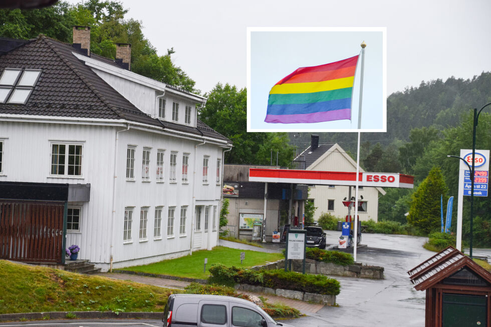 NEI: Froland Pride har søkt kommunen om å heise regnbueflagget (innfelt) på kommunens flaggstang i Osedalen under pride-markeringen i kommunen 1. juni. Det ble avslått. BEGGE FOTO: RAYMOND ANDRE MARTINSEN