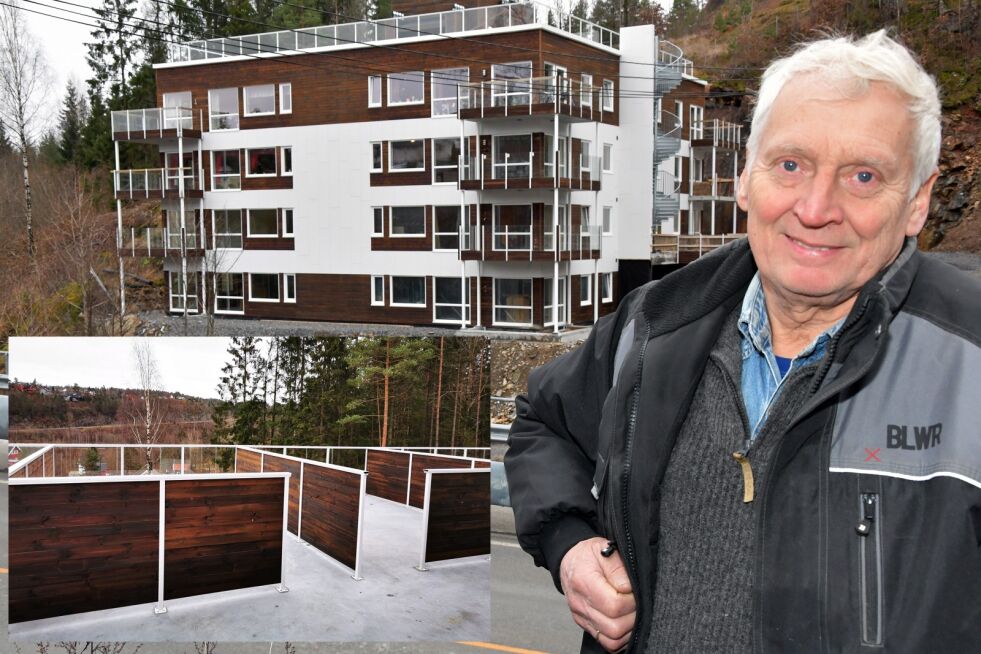 FORNØYD: Kjell Aaberg er fornøyd med responsen fra markedet etter lokal annonsering på leilighetene i Frolandsveien 919. Innfelt ser vi utsiktsområdene på taket.