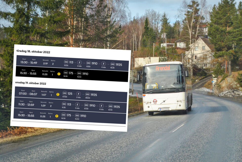 Agder kollektivtrafikk (AKT), som kjørte bussene til Blakstadheia, sier at det ikke er aktuelt å gjeninnføre rutene før Blakstadkleiva åpner igjen. Rutetabellen (innfelt) viser få avganger. Her er en buss på vei fra Blakstadheia til Arendal for noen år siden. FOTO: RAYMOND ANDRE MARTINSEN