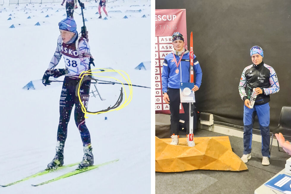 JUNIOR NM: Olav Bøylestad Landa fikk det utfordrende da konkurrerte på junior NM i Lillehammer nylig. Tredjeplassen glapp akkurat, da han passerte mål var våpenet skadet (se ring på bilde til venstre), og han måtte nøye seg med en fjerdeplass (bilde til høyre). FOTO: PRIVAT