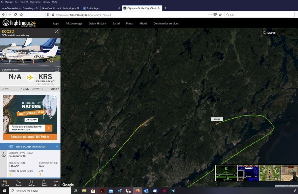 SEINT: Torsdag kveld var klokken passert 21 for lenge siden når vi tok denne screenshoten fra Flightradar24.com, som viser skolefly ute på kveldsmanøver.